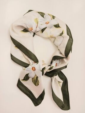 Floral White and Green Silk-Feel Scarf